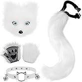 COSYEARS Faux Fur Fox Tail Cat Mask Paw Gloves and Leather Choker Costume Accessories Set for Halloween Cosplay Parties