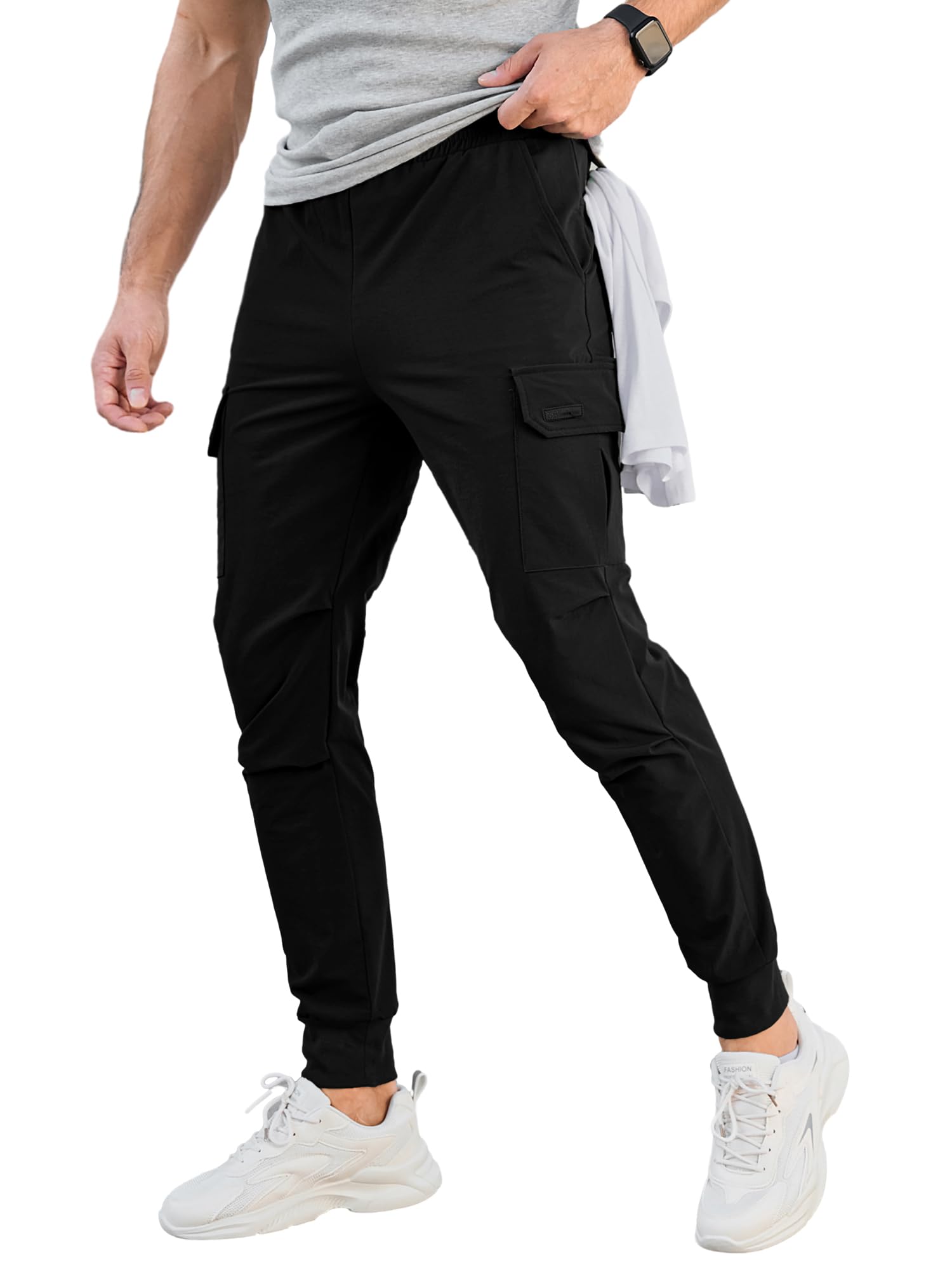 Photo 1 of Comdecevis Men's Cargo Jogger Pants Stretch Sweatpants Slim Fit Tactical Pants with Zipper Pockets Casual Trousers Black Small