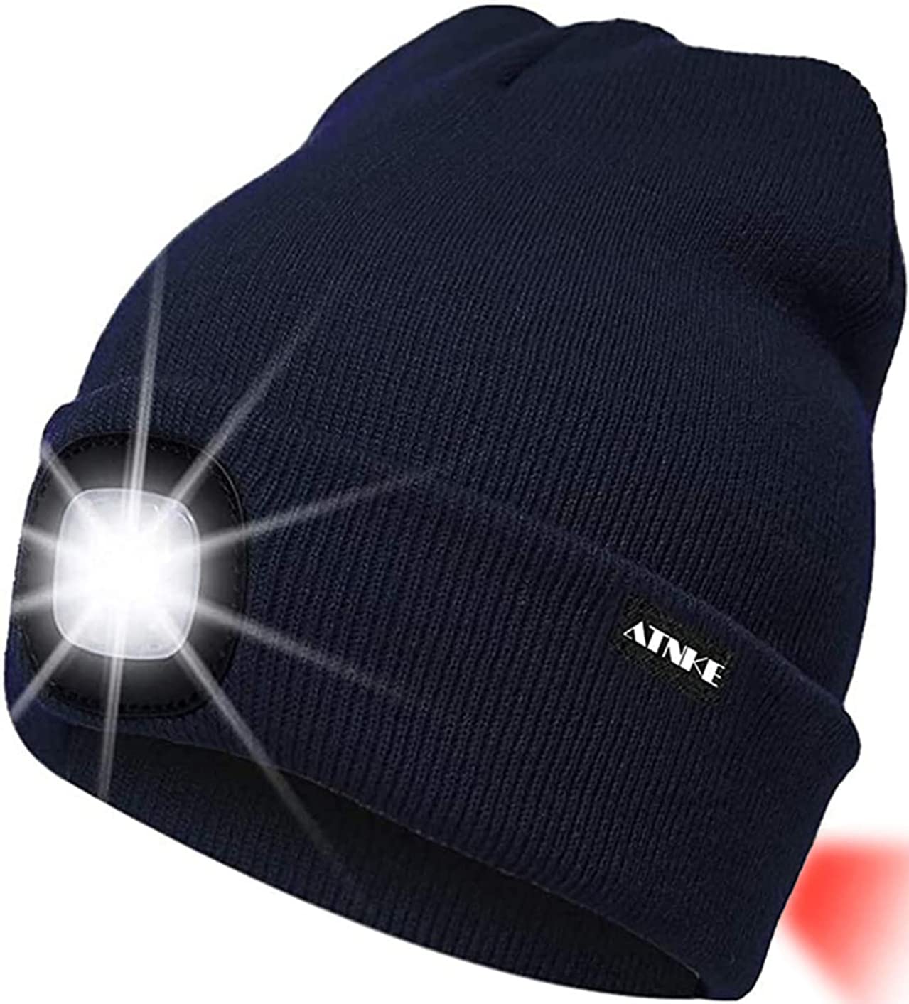 ATNKE 8LED Lighted Knit Hat,USB Rechargeable Running Headlamp Cap Ultra Bright Waterproof Light Lamp and Flashing Alarm Red Tail Light Multi-Color/Navy Blue