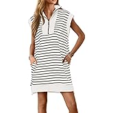 Wenrine Womens Striped Mini Dress Casual Zipper Cap Sleeve Collared V Neck Loose Knit Summer Dresses
