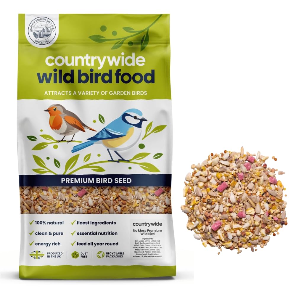 Countrywide No Mess Wild Bird Seed 20kg - No Husks - Wheat Free - Premium All Year Round Bird Food For Small Garden Birds with Sunflower Hearts, Suet, Peanut Granules, Nigerseed & Aniseed Oil