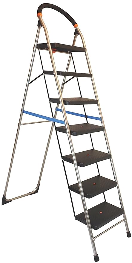 Parasnath S.S Steel Chrome-Milano Heavy Folding Ladder with Wide Steps Black Milano 7 Steps 7.1 Ft Ladder (Made in India)