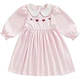 Sasaerucure Kids Toddler Baby Girl Valentine’s Day Dress Heart Embroidery Striped Puff Long Sleeve Dresses Playwear