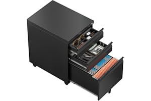 Kooyon Locking File Cabinet 3 Drawers on Wheels Under Desk, Metal Filing Cabinets for Home Office, A4, Letter-Size Files, Hanging File Folders-Black