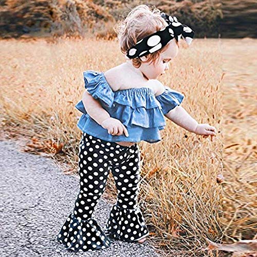 Toddler Girls Off Shoulder Denim Tops+ Dot Print Bellbottoms Outfit Set Size 18-24 Months/Tag90 (Blue)