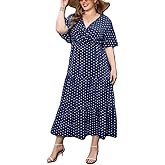 Women's Plus Size Polka Dot Dress Casual V Neck Short Sleeve Maxi Dress A-Line Pleated Hem Swing Midi Sun Dress