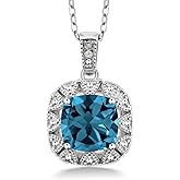 Gem Stone King 925 Sterling Silver Build Your Own Cushion Gemstone Birthstone and White Diamond Pendant Necklace For Women with 18 inches Silver Chain