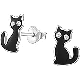 Black Cat 925 Sterling Silver Stud Earrings, Very Tiny Minimalist Animal Jewelry