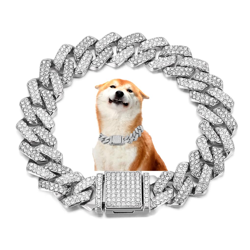 Photo 1 of Chain Collar for Small Dogs, Cuban Link Chain for Dogs Jewelry Diamond Glitter Rhinestone Necklace Bling Metal Choke 14mm Wide Pet for Puppy Small Medium Large Dogs Cats Silver (10inch)