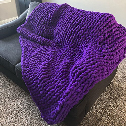Chunky Knit Vegan Blanket 39x79inch,Chunky Chenille yarn,Purple Chunky