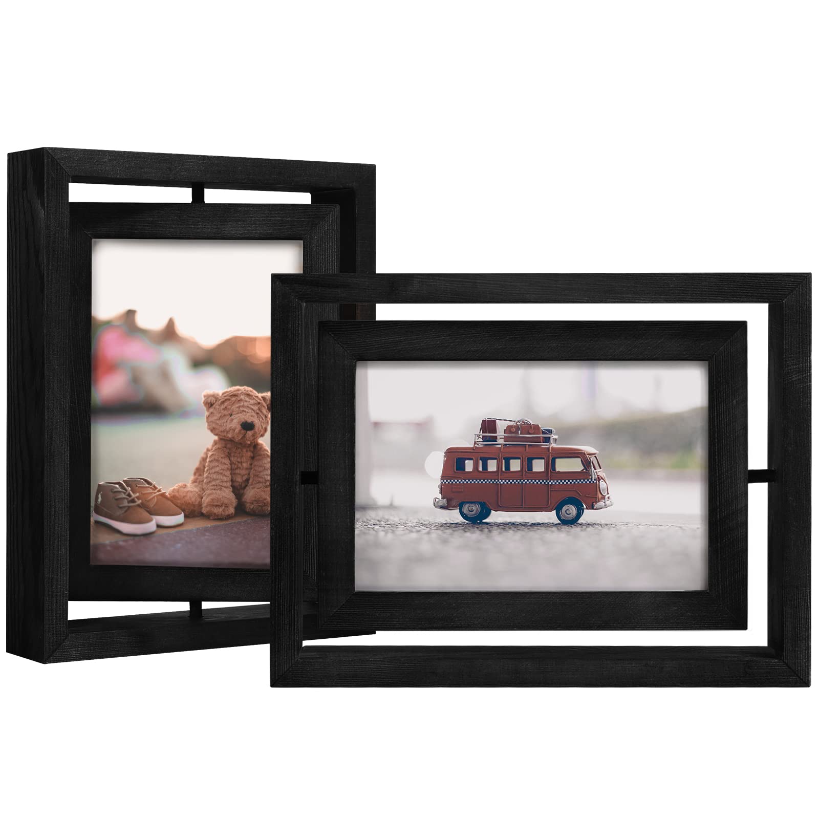 EGOFINE 2 Pack 6x4 Rotating Floating Picture Frames,Double-Sided Display with HD Glass Front Wooden Distressed Frame for Vertical or Horizontal Tabletop Display, Black