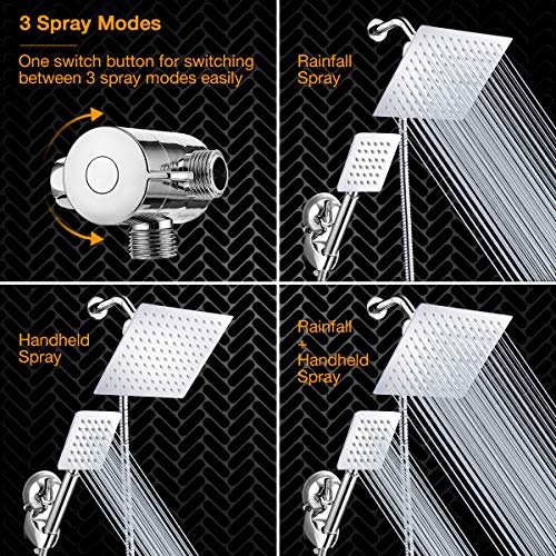 Shower Head Combo, Baban 8'' High Pressure Rainfall Stainless Steel Shower Head, Stainless Steel Handheld Shower Head Combo with Strong Suction Cup Holder, 3-Way Water Diverter, 1.5M Hose, Chrome