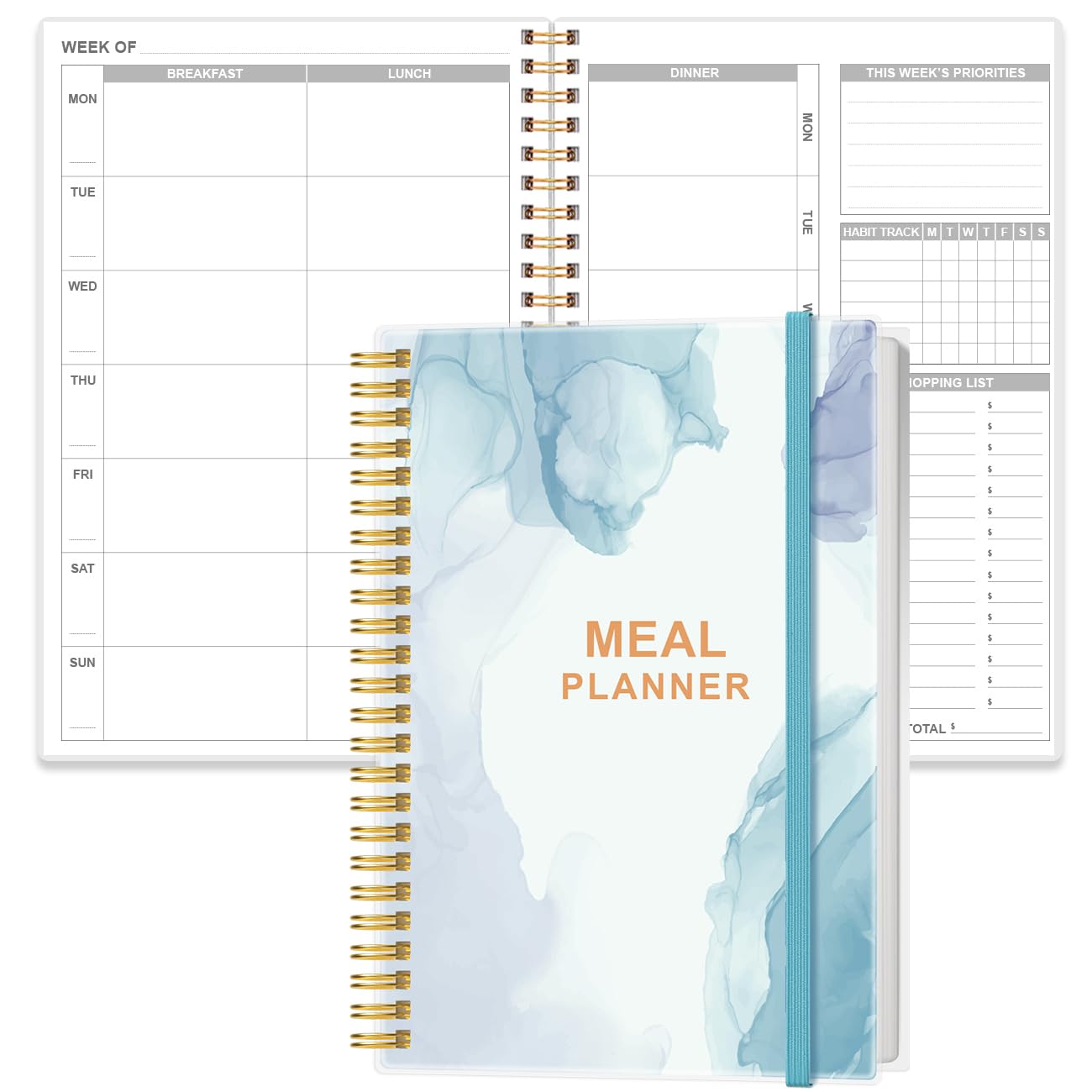 Weekly Meal Planner Notebook - A5 Weekly & Daily Meal Prep Journal with Shopping and Grocery Lists for Menu Planning, Lasts 1 Year, Blue Watercolor โ image 1
