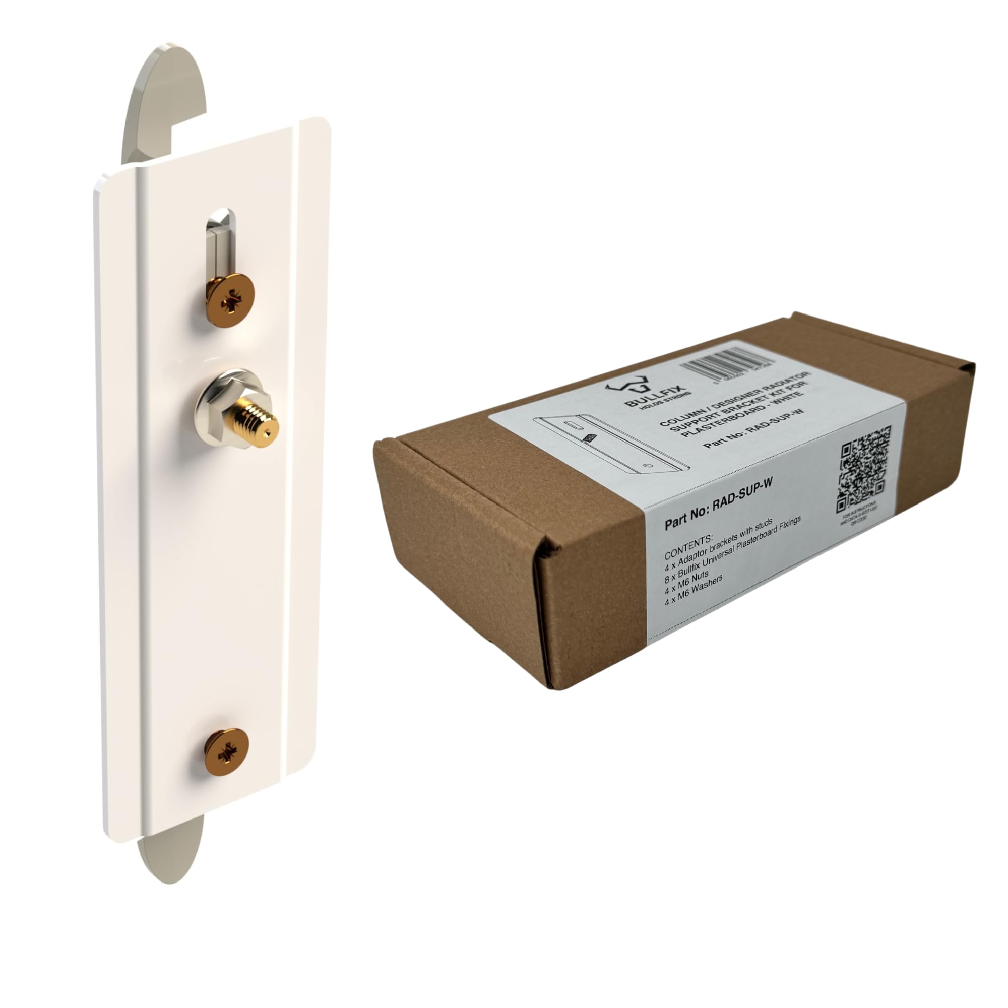 Bullfix Radiator Support Bracket Kit with Heavy Duty Plasterboard Fixings - Secure Column & Designer Radiator Mounting Brackets for Vertical/Horizontal Installation, 4 Pack, White