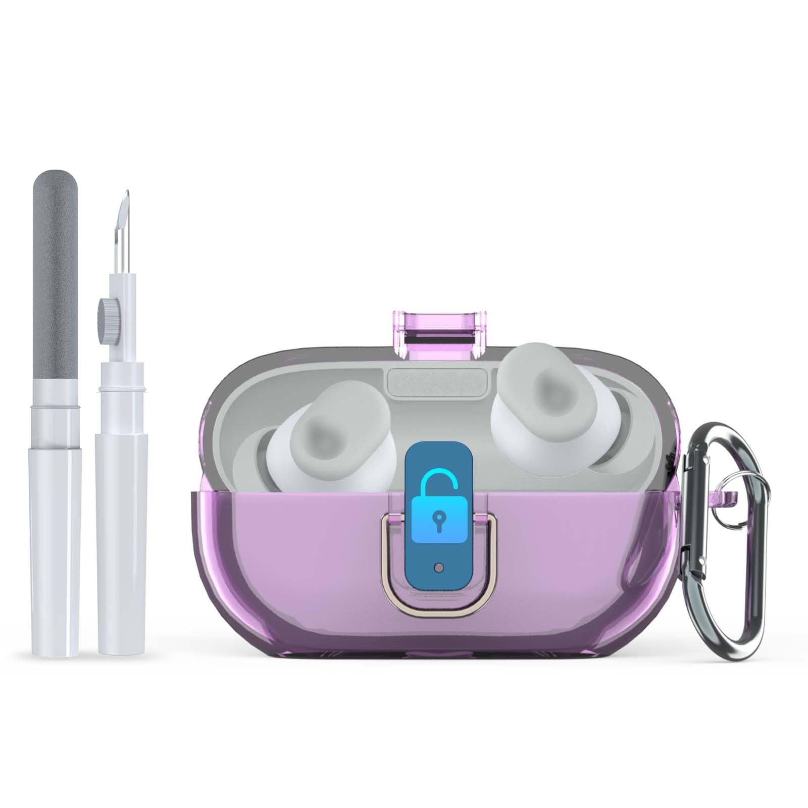 Photo 1 of [Upgrade Secure Lock] for Beats Solo Buds 2024 Case Cover with Cleaner Kit, AGENTNANO Clear TPU Shockproof Protective Cover Compatible with Beats Solo Buds Charging Case with Carabiner-Clear Purple