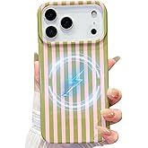 Jmltech Magnetic for iPhone 17 Pro Max Case Striped Phone Case Cute Women Girly Trendy Compatible with MagSafe,Shockproof Slim Soft TPU and Hard Back Protective Cover Pink Green