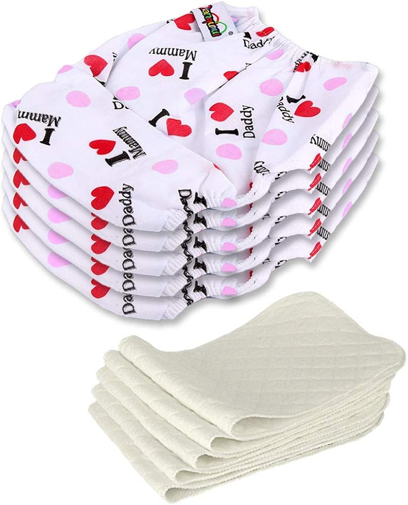 5 PCS+5 INSERTS Cloth Diapers lot Nappies Adjustable Reusable For Baby Newborn (Red Heart With Words)