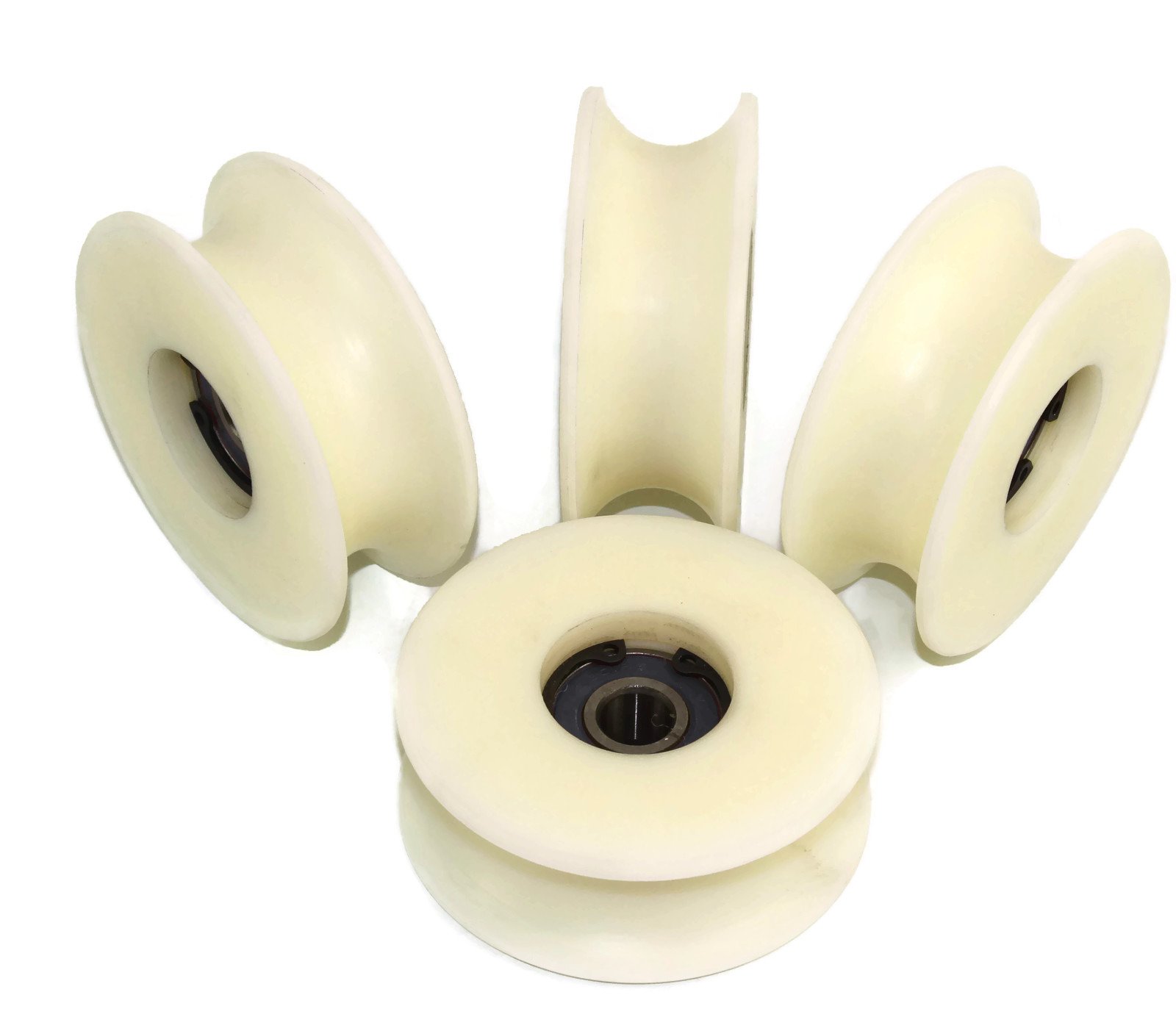 (80-25-12) Pack of 4 x 80 mm Diameter Machined Nylon Pulley Wheels Various Groove Sizes Made in the EU (25 mm Groove-12 mm Bearing)