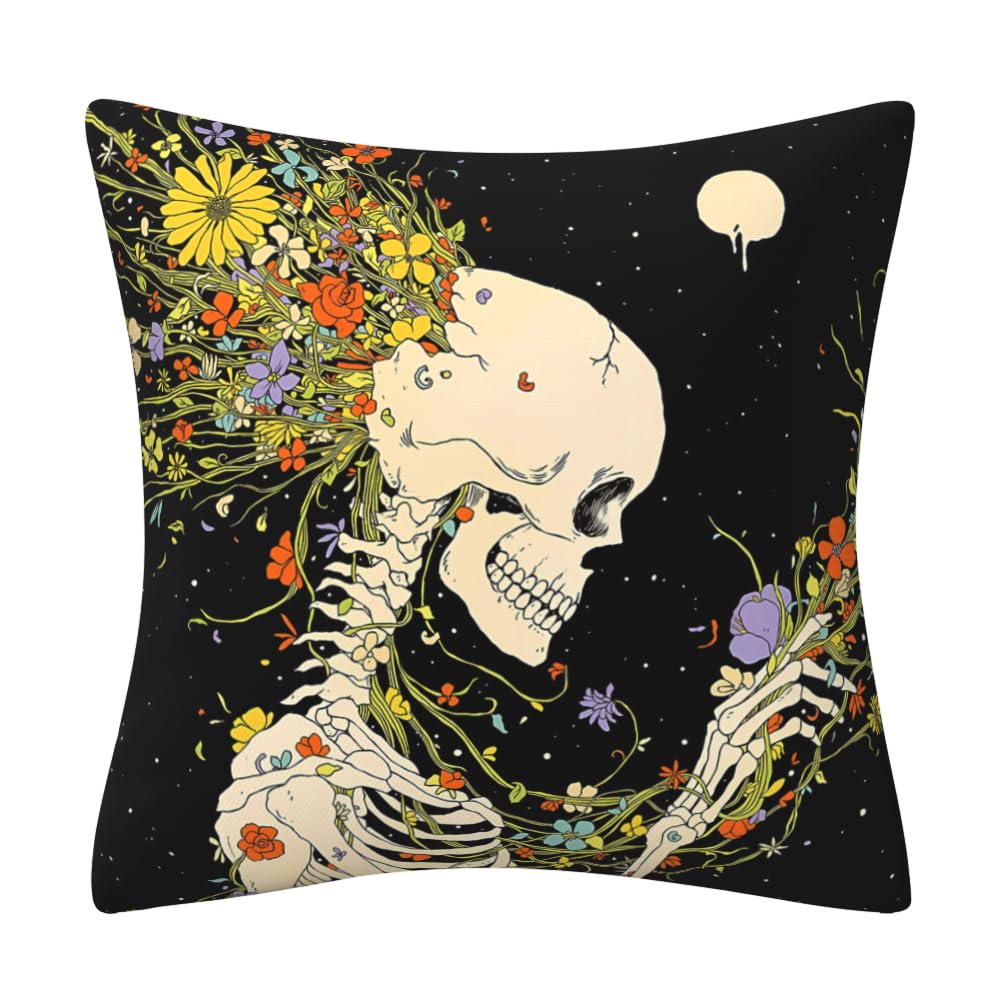 DILOXNSU Skeleton Cushion Covers 18 x 18 inch, Skull Flower Gothic Cushions Covers Double-Sided Decorative Pillows Covers for Sofa Bed Livingroom Halloween Decorations Pillow Case 45 x 45 cm