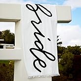 xo, Fetti Bride Fringe Beach Towel - 100% Cotton | Bachelorette Decorations, Black and White Bridal Shower Gift, Bridesmaid Favors, Engagement Party, Poolside Bride to Be, Newlywed Honeymoon Supplies