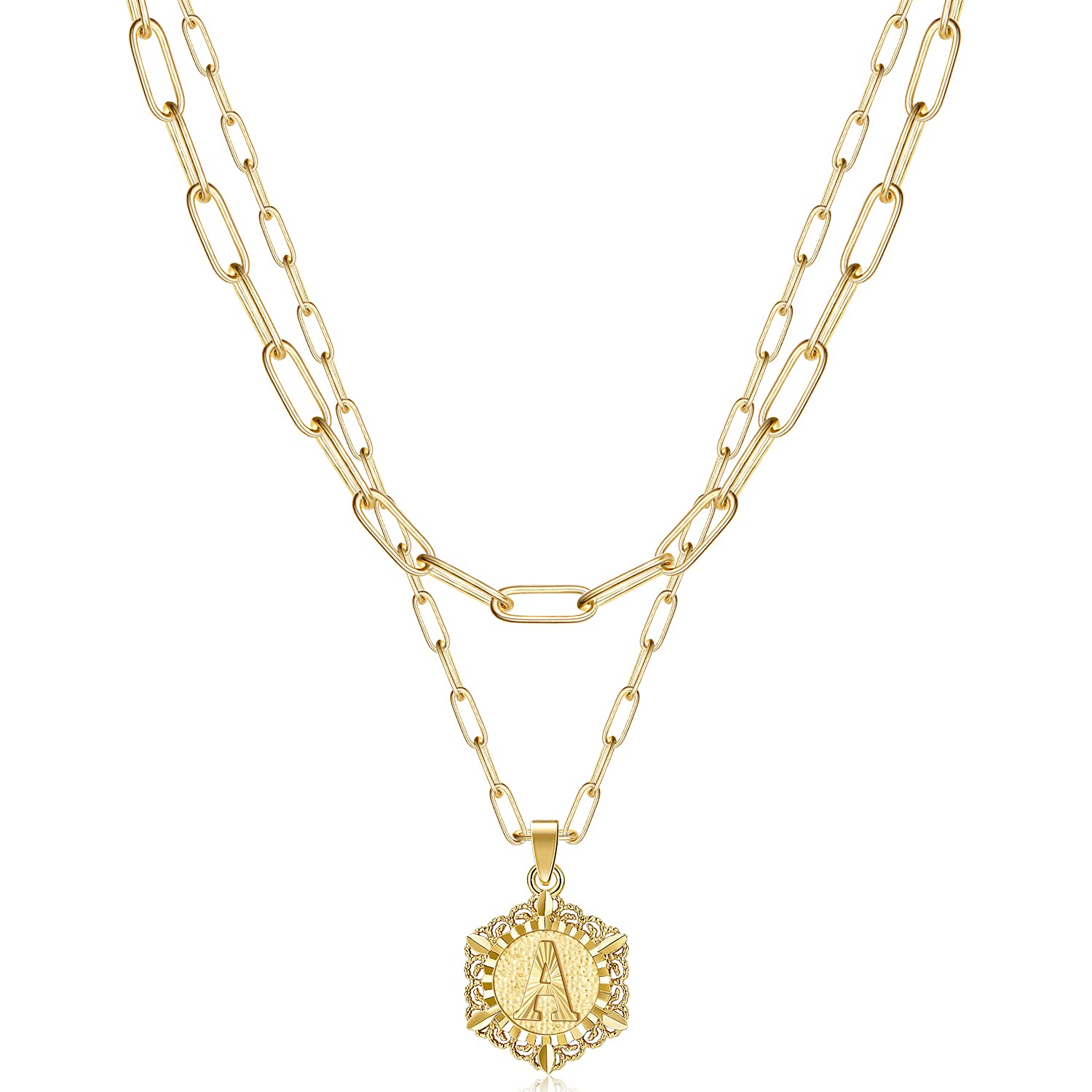KissYan Initial Necklaces for Women, 14K Gold Plated Hexagon Letter Pendant Silver Chain Dainty Layered White Gold Paperclip Link Adjustable Capital A-Z Choker Necklace Trendy Jewelry Gifts