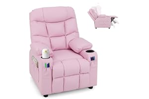 GLACER Kids Recliner Chair w/Cup Holder & Side Pockets, Children Recliner w/Comfortable Backrest, Armrests & Footrest, Toddler PU Leather Recliner for Boys Girls, 3+ Age Group (Pink)