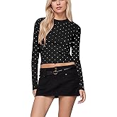 Ceputer Women Polka Dot Long Sleeve Crop Tops Slim Fit Crew Neck Casual T Shirts Fall Basic Going Out Top