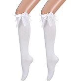 Sorcristy White Knee High Socks with Lace Ruffle Trim Socks for Women Girls, Cute White Ruffle Sock, Cotton Stockings Dress Sock for Lolita Birthday Halloween Christmas, Sport Team