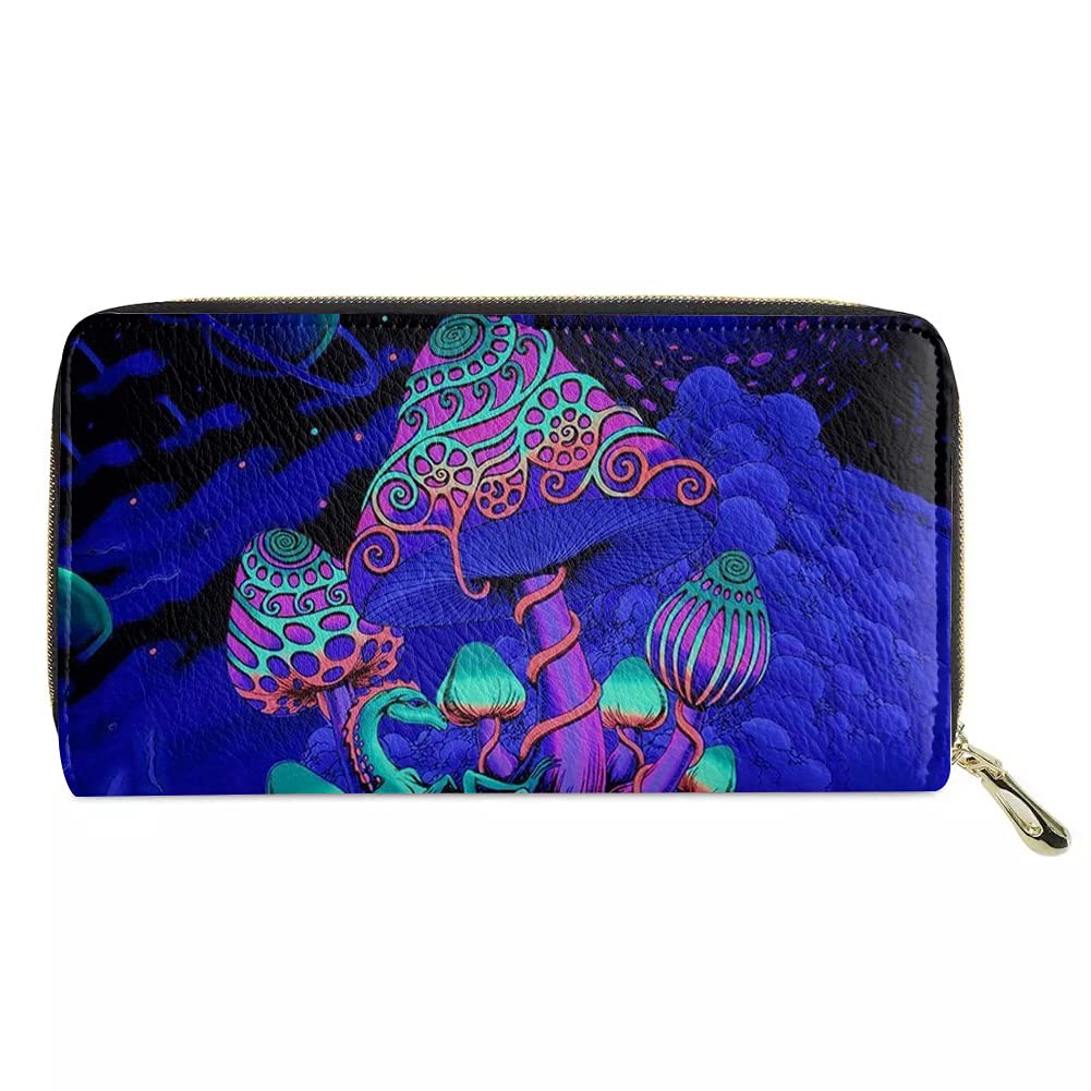 UOIMAG Psychedelic Mushroom Wallet for Women Casual Leather Long Purse Travel Card Holder Clutch Handbags Zipper Around Purse
