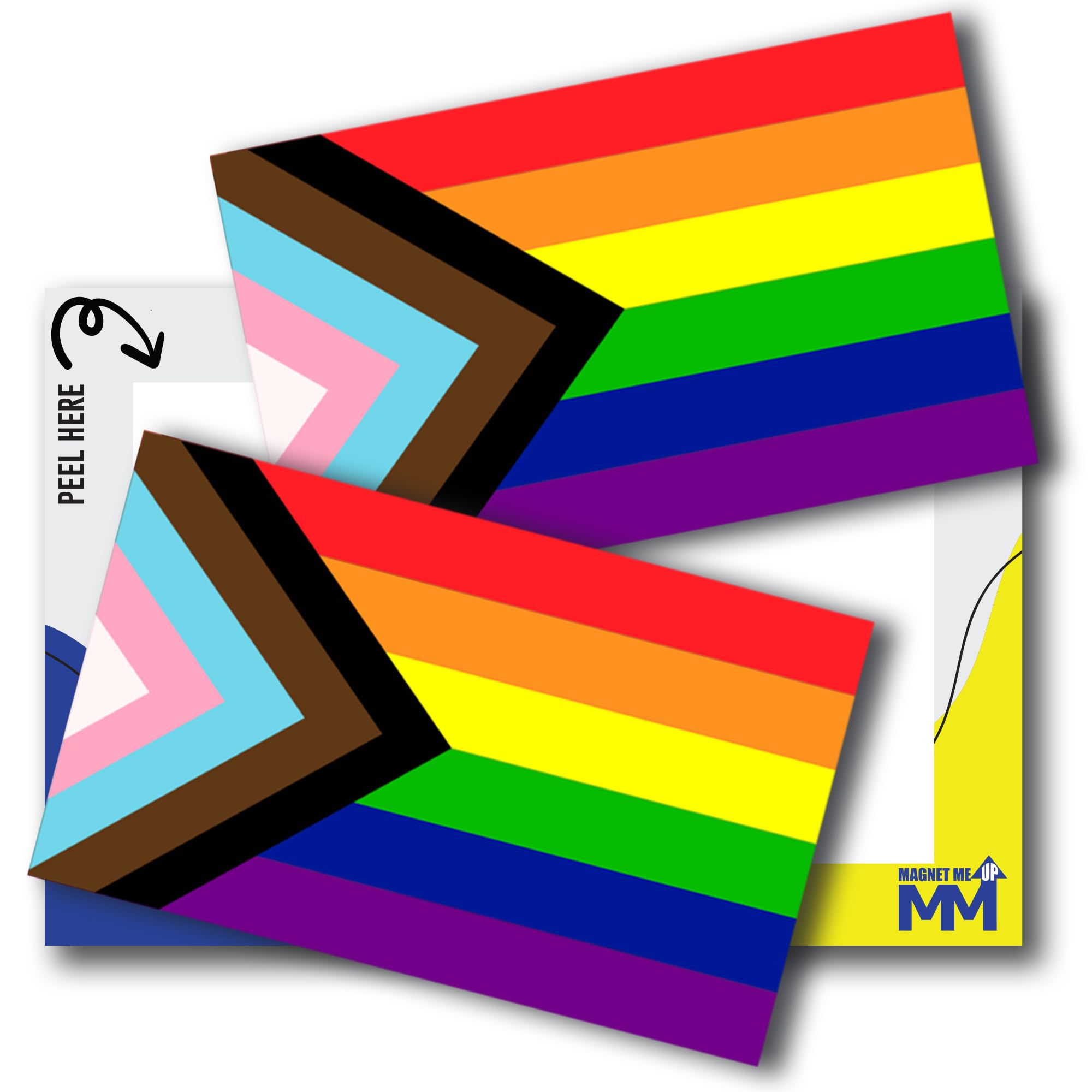 Progress Pride Flag Adhesive Decal Sticker, 3x5 Inches, 2 Packs, Inclusive LGBTQ+ Flag with Trans & POC Colors, Waterproof, for Vehicles, Laptops, & More - Made in USA