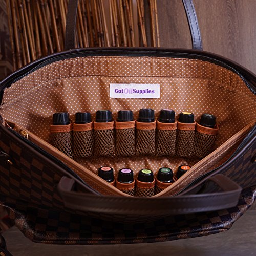 Got Oil Supplies Essential Oils Travel Bag - Organizer Tote with 16 Storage Pouches for Oil Bottles - Checkered Brown & Black Purse for Accessories and Containers - Thumbnail 4