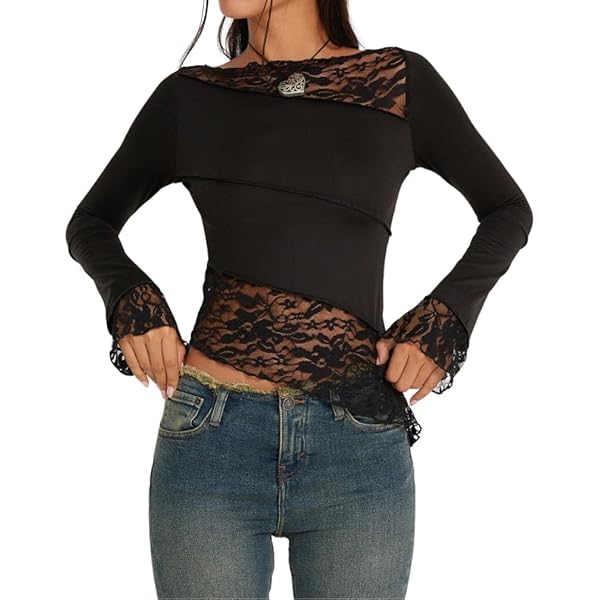 トップス Time is on GEOMETRIC LACE SHIRTS Women Y2K Long Sleeve Tight Mesh T-Shirt Long Sleeve Cutout