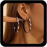 Jugielu Punk Leopard Hoop Earrings Large Circle Huggie Hoop Earrings Brown Leopard Print Earring Leather Circle Earring Cheetah Print Tortoise Shell Dangle Jewelry for Women