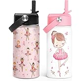 Ballet Kid 12oz Water Bottle with Straw Lid - 2-Pack Insulated Stainless Steel Water Bottles for Kids Girls - Travel Cup for School Sports