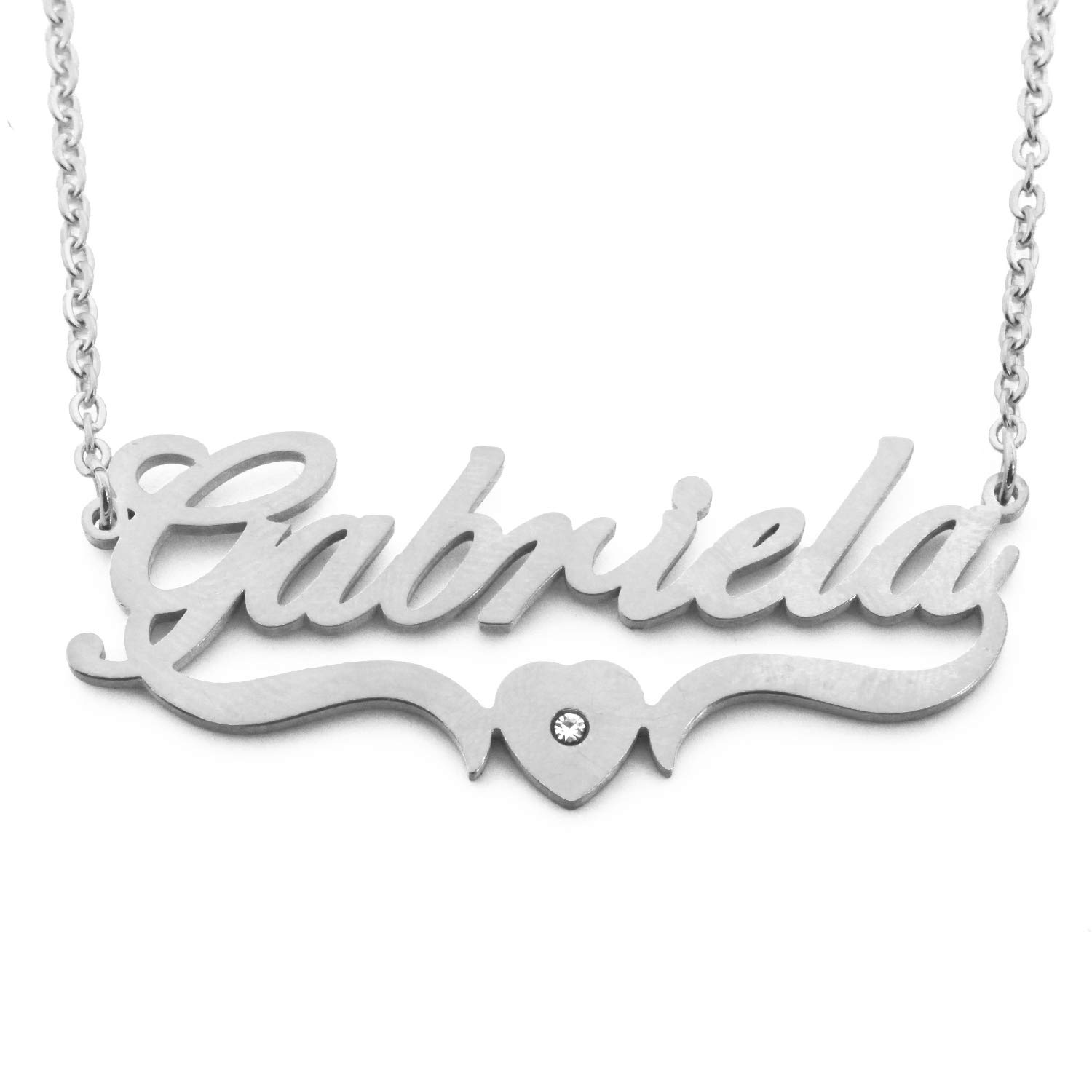 Kigu Gabriela Personalised Heart Shaped Name Necklace Adjustable Chain - Silver Tone - Inlc Gift Packaging
