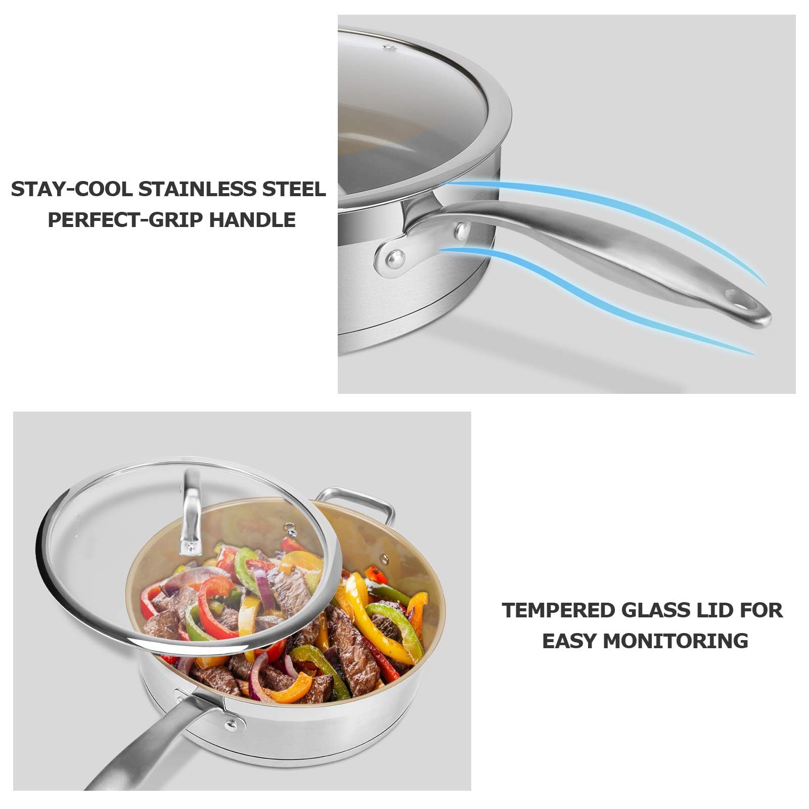 Duxtop Ceramic Non-stick Sauté Pan, Induction Stainless Steel Sauté Pan, 5.5-Qt Deep Skillet with Lid, Professional Grade and Impact-bonded Technology, FUSION Ti