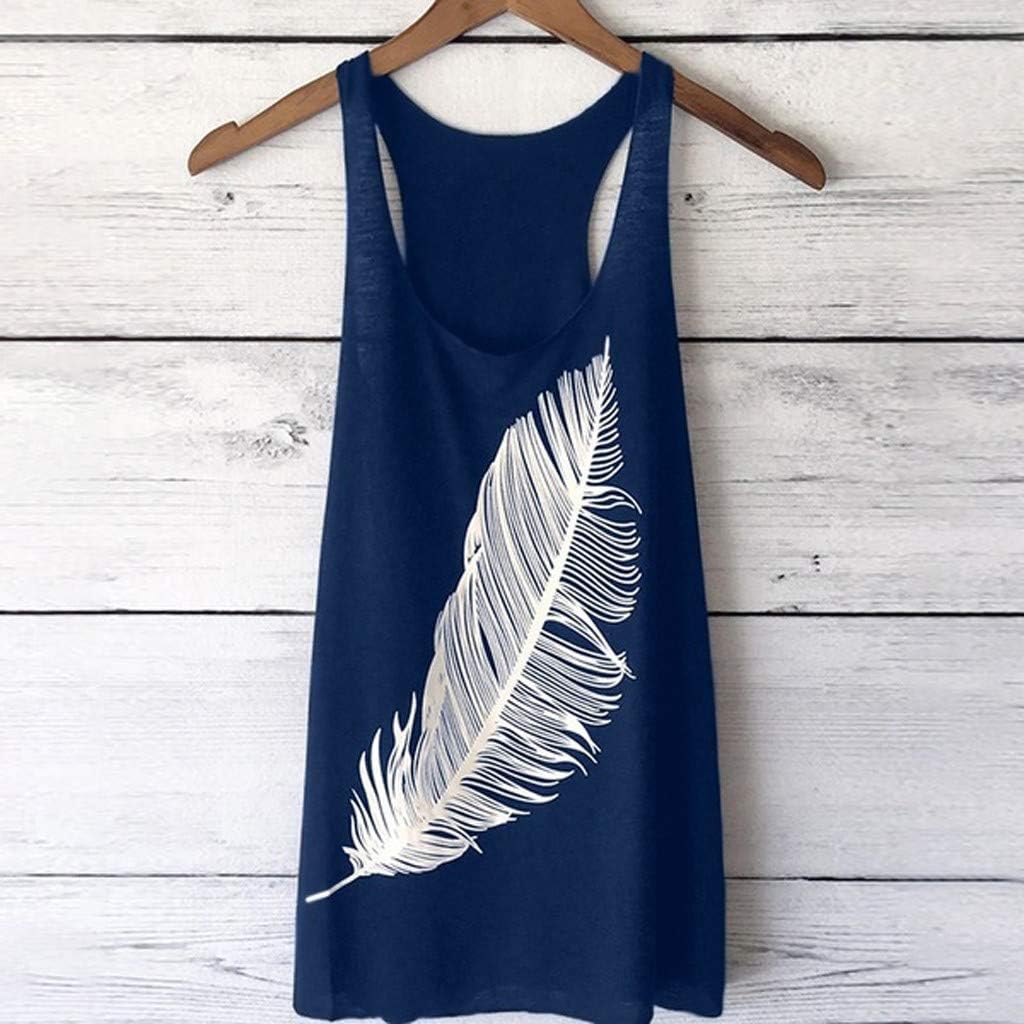 TOPUNDER Summer T Shirt Women's Feather Print Long Vest Blouse Fashion Ladies Tank Tops Navy: Clothing
