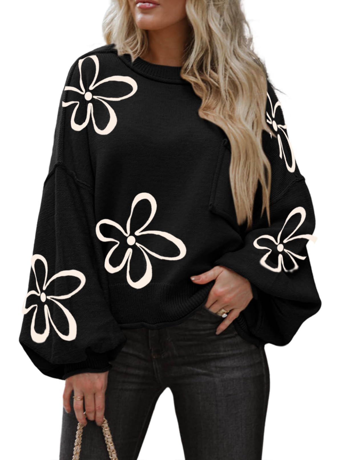 Photo 1 of Dokotoo Christmas Sweaters Winter Womens Sweaters Dressy Casual 2025 Fashion Trendy Lightweight Sweaters for Women Women's Ribbed Hem Knitwear Lantern Pullover Sweater Floral Sweaters