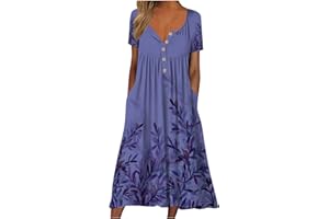 Wkishenl Casual Summer Dresses for Women 2023 V Neck Button Dress Short Sleeve Floral Dress Vacation Maxi Dress with Pockets