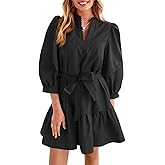 Cicy Bell Womens Puff 3/4 Sleeve Mini Dresses Bow Tie Waist V Neck Casual Trendy Ruffle Tiered Short Dress