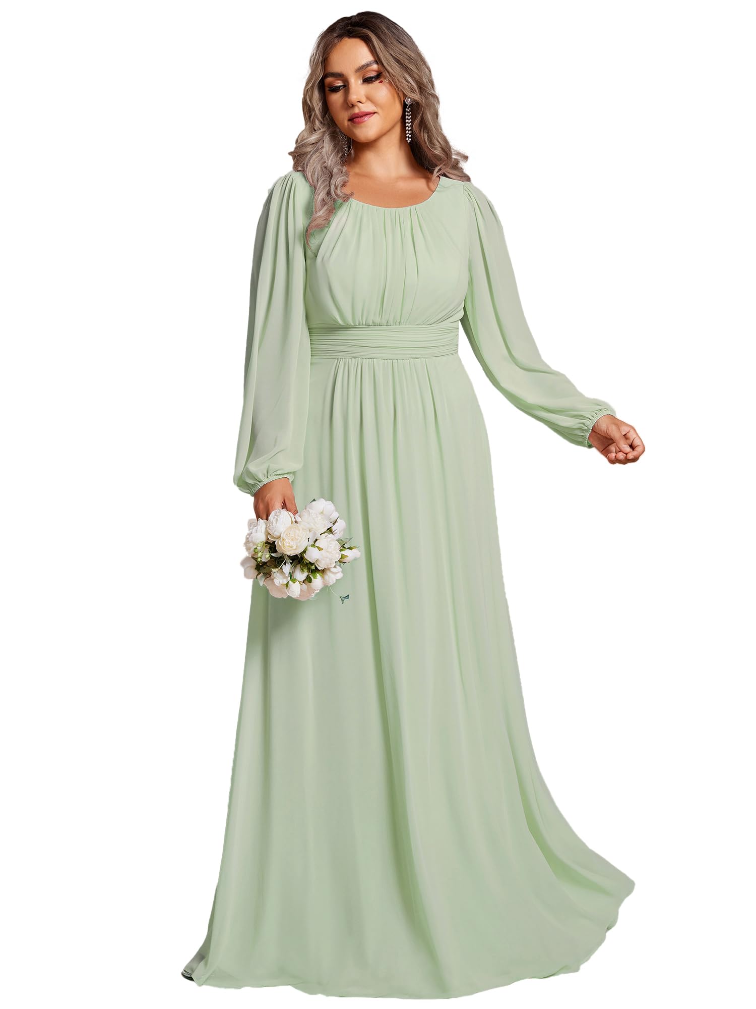 Photo 1 of Ever-Pretty Women's Round Neck Long Sleeves Empire Waist Elastic Chiffon Flowy Plus Size Formal Evening Gown Bridesmaid Dress Mint Green US24