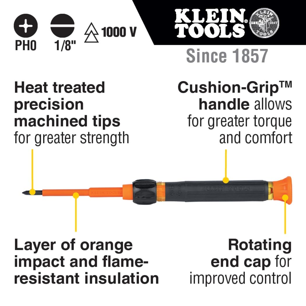 KLEIN TOOLS 32581INS Precision Screwdriver, 2-in-1 Insulated Screwdriver with No. 0 Phillips and 1/8-Inch Slotted Bits