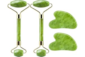 Flexfinity 4-Piece Jade Roller & Gua Sha Set – Green Jade Facial & Body Sculpting Tools for Lymphatic Drainage, Puffiness Reduction & Wrinkle Minimizing – Gift for Women & Men