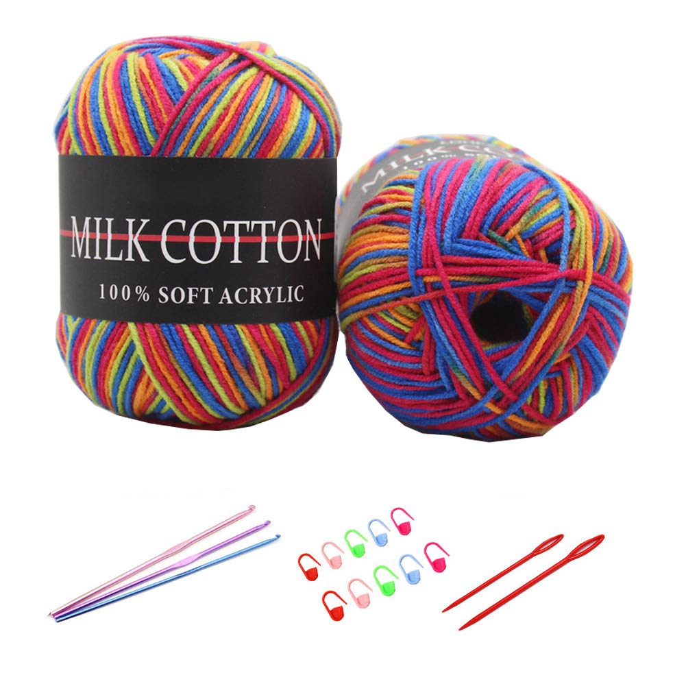 6X 50g Knitting Rainbow Wool Yarn Balls Colorful Hand Crochet Knitting Double Acrylic Yarn Set, 23 Colors, with 3 Crochet Hooks, 2 Needles, 10 Crochet Locking Stitch Markers (16)