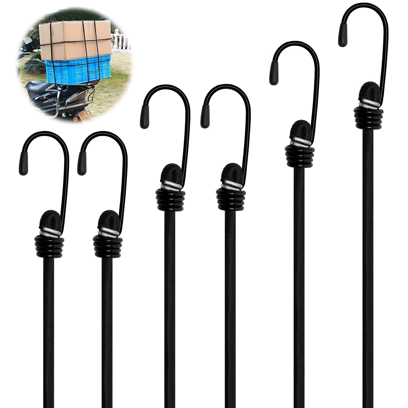 Bungee Cords with Hooks, 6 Pack Bungee Straps 6mm Assorted 60cm 80cm 100cm 150cm Elastic Bungee Cord for Bike Van Luggage Securing, Camping, Hiking