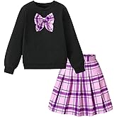 OYOANGLE Girl's 2 Piece Skirt Set Bow Crewneck Sweatshirt and Plaid Pleated Skirt Fall Clothes Sets