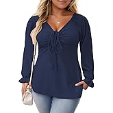 VISLILY Womens-Plus-Size-Tops Dressy V Neck Puff Ruffle Sleeve T Shirts Trendy Eyelet Blouses Casual Drawstring Loose Tunics
