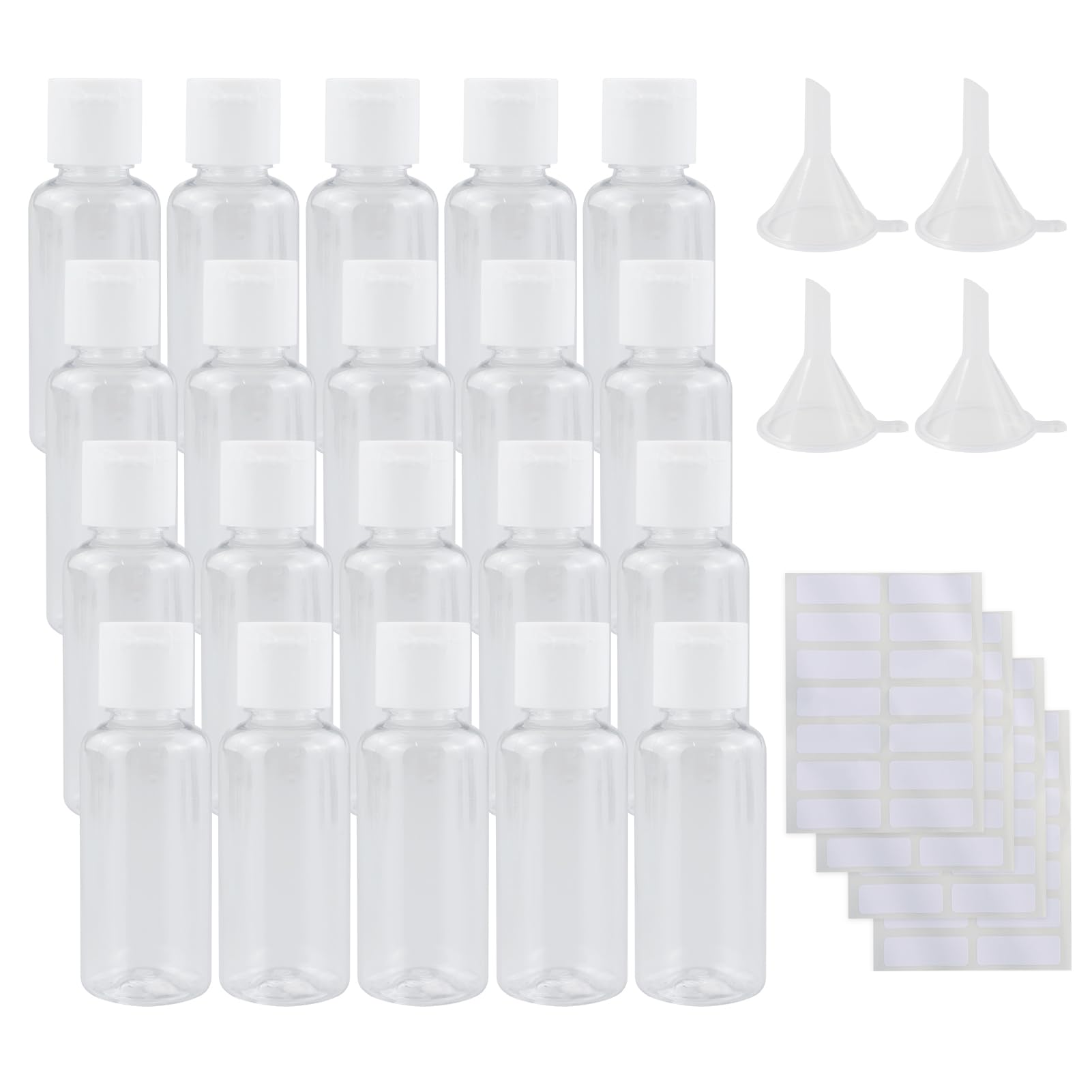 20 Sets 30ml Plastic Bottles Empty Travel Bottles Clear Refillable Plastic Travel Bottles for Liquids Flip Cap Bottles with 4 Pcs Small Funnel and 4 pcs Labels for Travel or Cosmetic