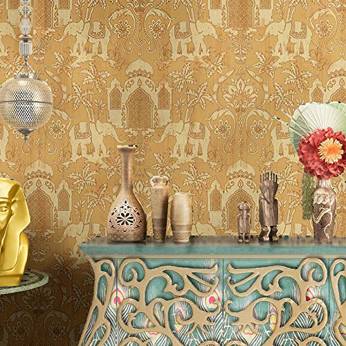prior.choice 10X0.53M Indian Elephant Temple Taj Mahal 4 Colors Waterproof Embossed Textured PVC Wallpaper Roll for Bedroom Livingroom 1.73' W x 32.8' L=5.3㎡ (57sq.ft) (Gold)