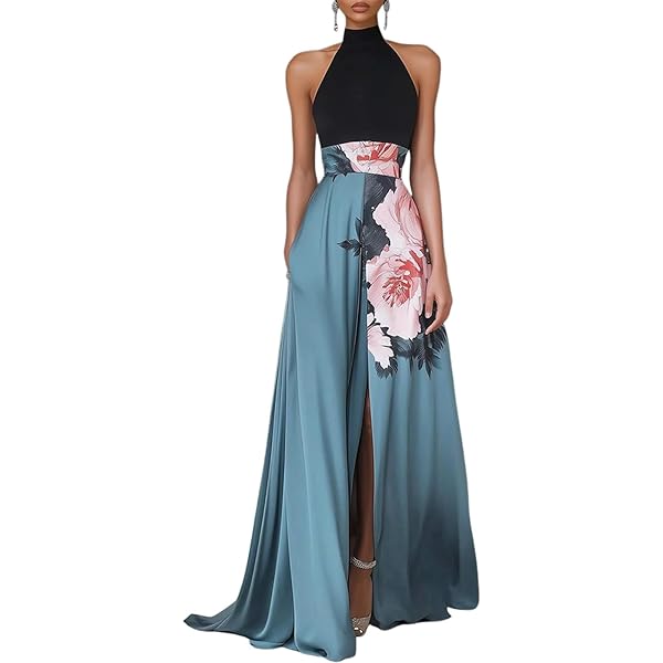 【週末値下げ】 Framed flower open long dress Blue Floral Print Maxi Dress - Organza Maxi Dress - Cutout